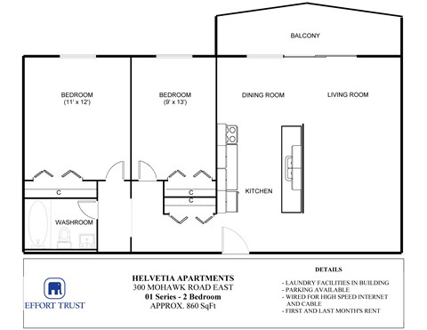 A floor plan for a 2 bedroom apartment with details on the side.